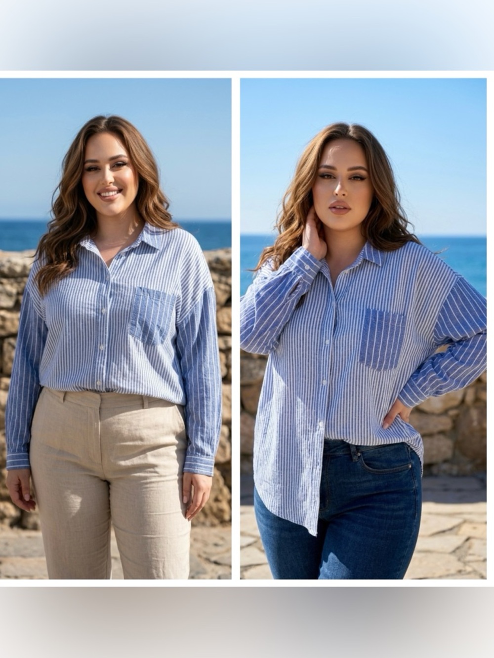Old Navy Women Sz XXL Linen blend Boyfriend Blue/  White Striped Buttoned Shirt